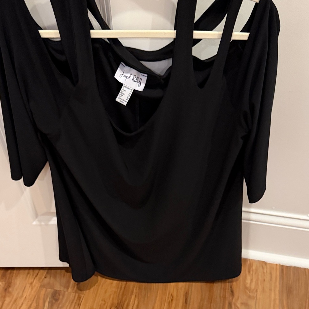 Joseph Ribkoff Black Drape Neck Blouse with cut out shoulder.
